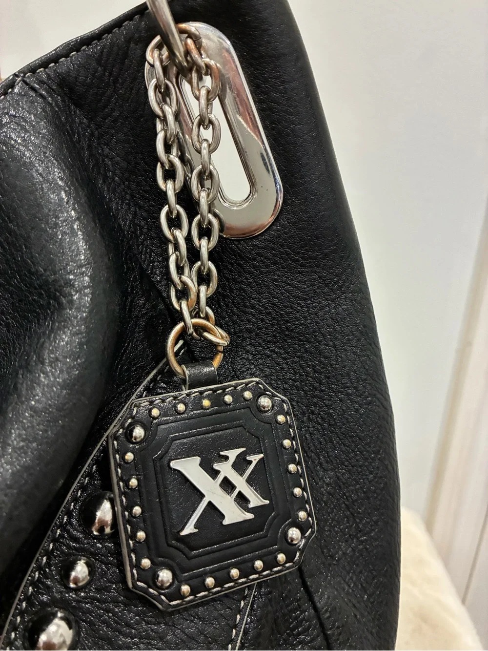 MAXX New York Black Leather Studded Hobo Bag Leopard Scarf Rocker Y2K